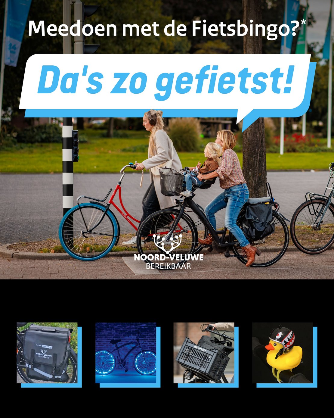 Poster van Noord-Veluwe Bereikbaar met de tekst: Meedoen met de Fietsbingo? Da's zo gefietst!